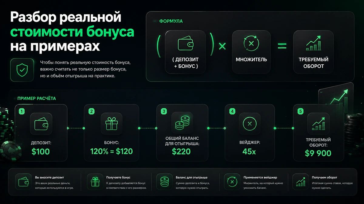 Инфографика расчёта вейджера: депозит плюс бонус, умноженные на множитель Как рассчитывается вейджер бонуса в крипто казино