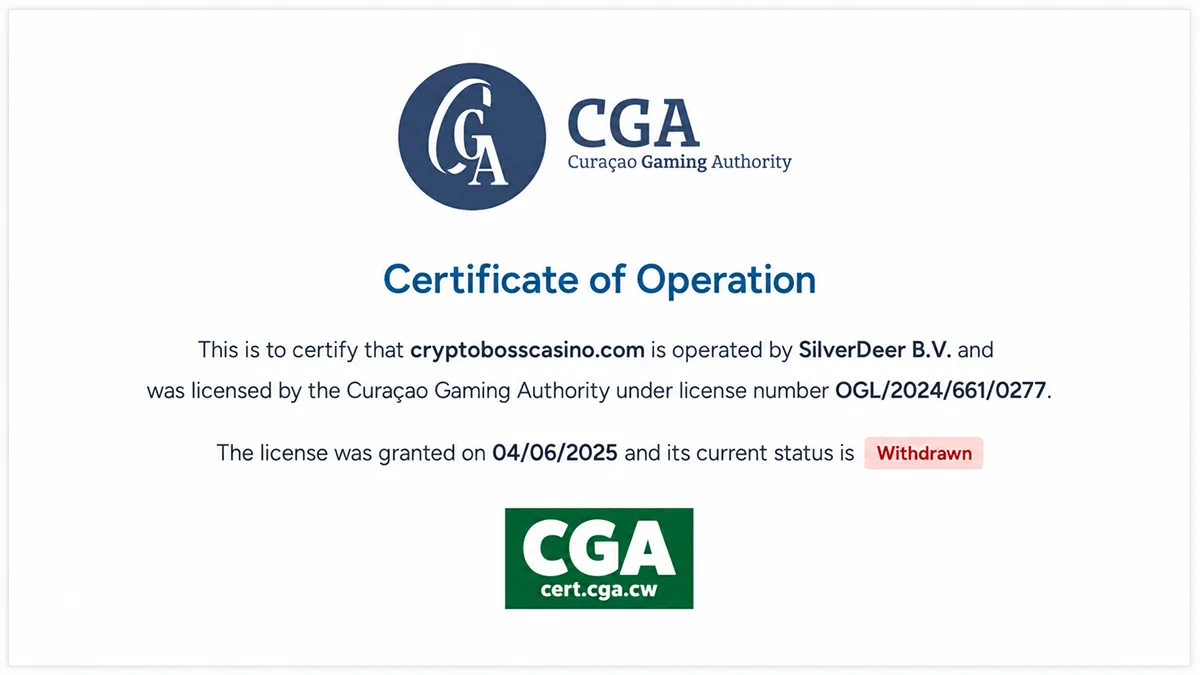 Статус лицензии Crypto Boss Curaçao — отозвана