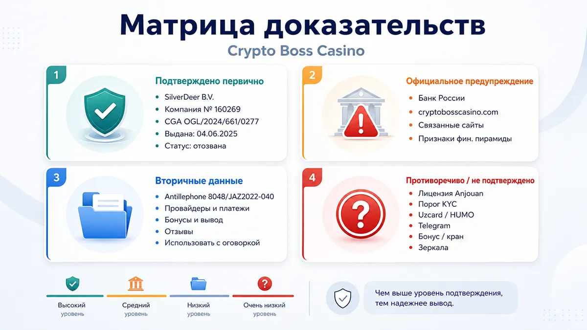 Матрица доказательств по Crypto Boss Casino