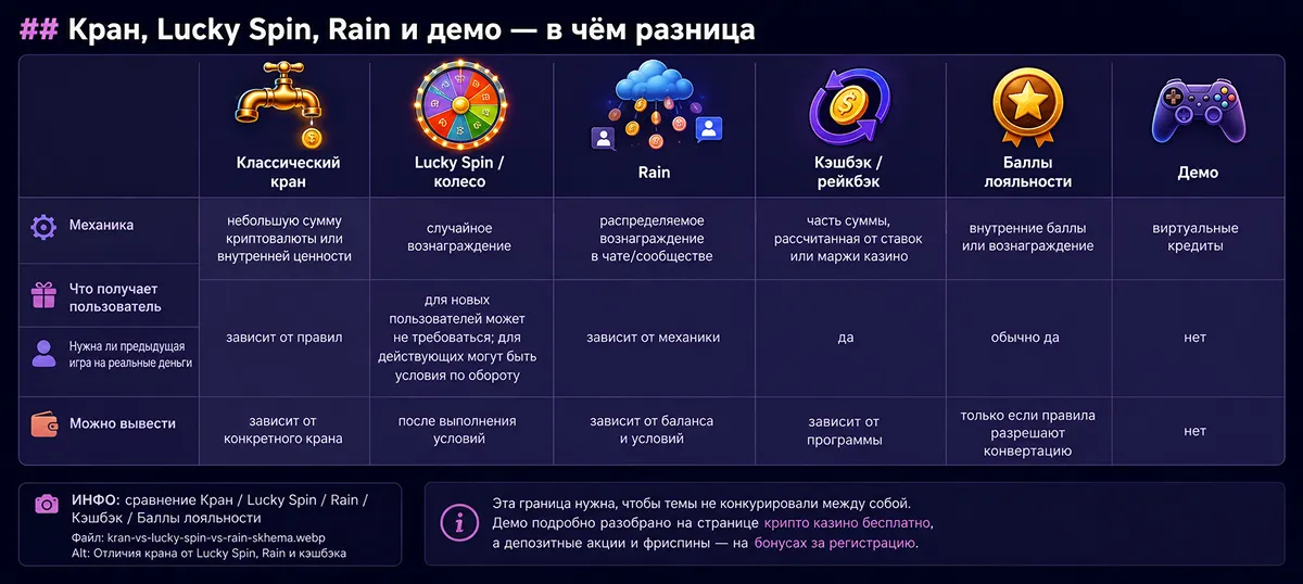 Схема отличий крана, Lucky Spin, Rain, кэшбэка и баллов лояльности Отличия крана от Lucky Spin, Rain и кэшбэка