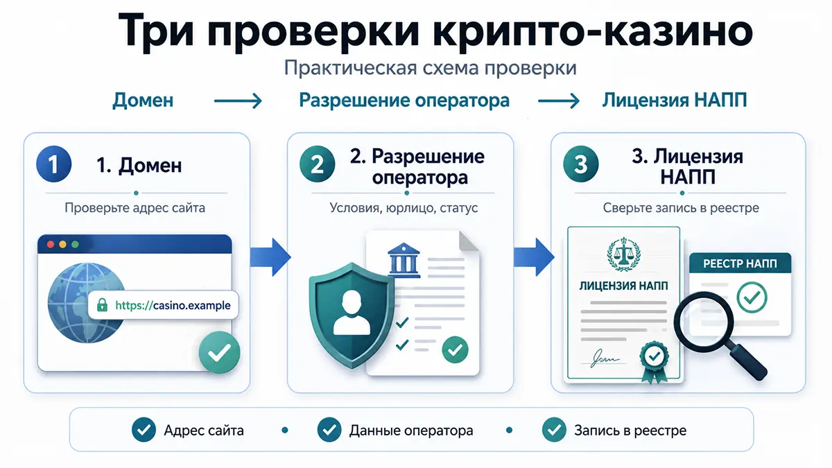 Три проверки крипто казино — домен, оператор, лицензия