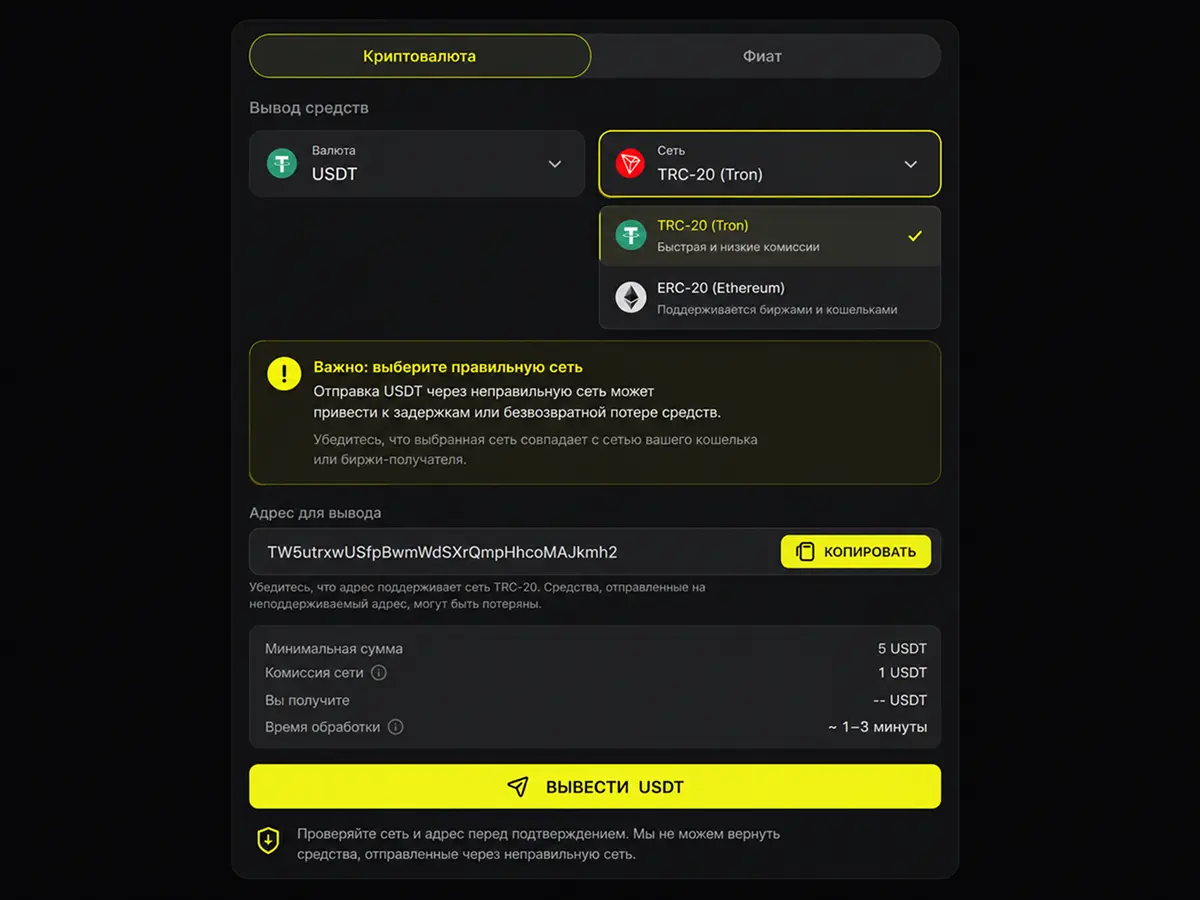 Выбор сети при выводе USDT — пример интерфейса кассы
