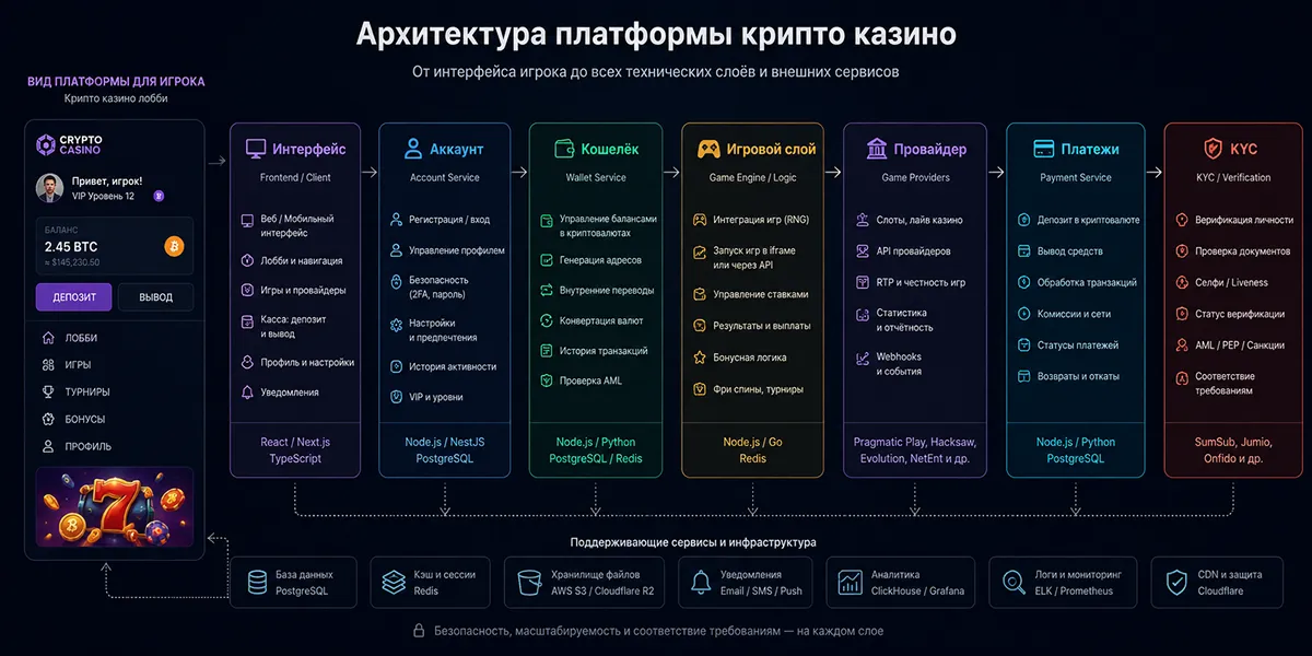 Схема слоёв платформы: интерфейс, аккаунт, кошелёк, провайдеры, платежи и KYC Архитектура платформы крипто казино