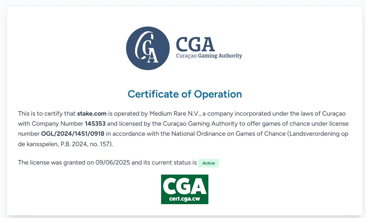 Пример сертификата лицензии Curaçao Gaming Authority