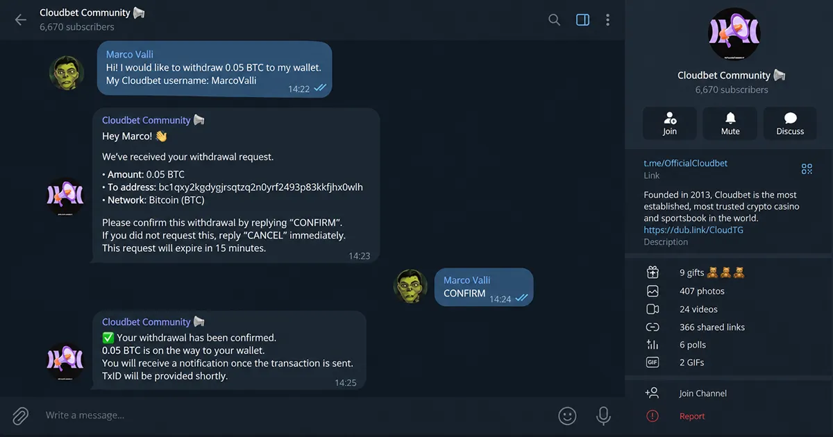 Подтверждение вывода Cloudbet через Telegram