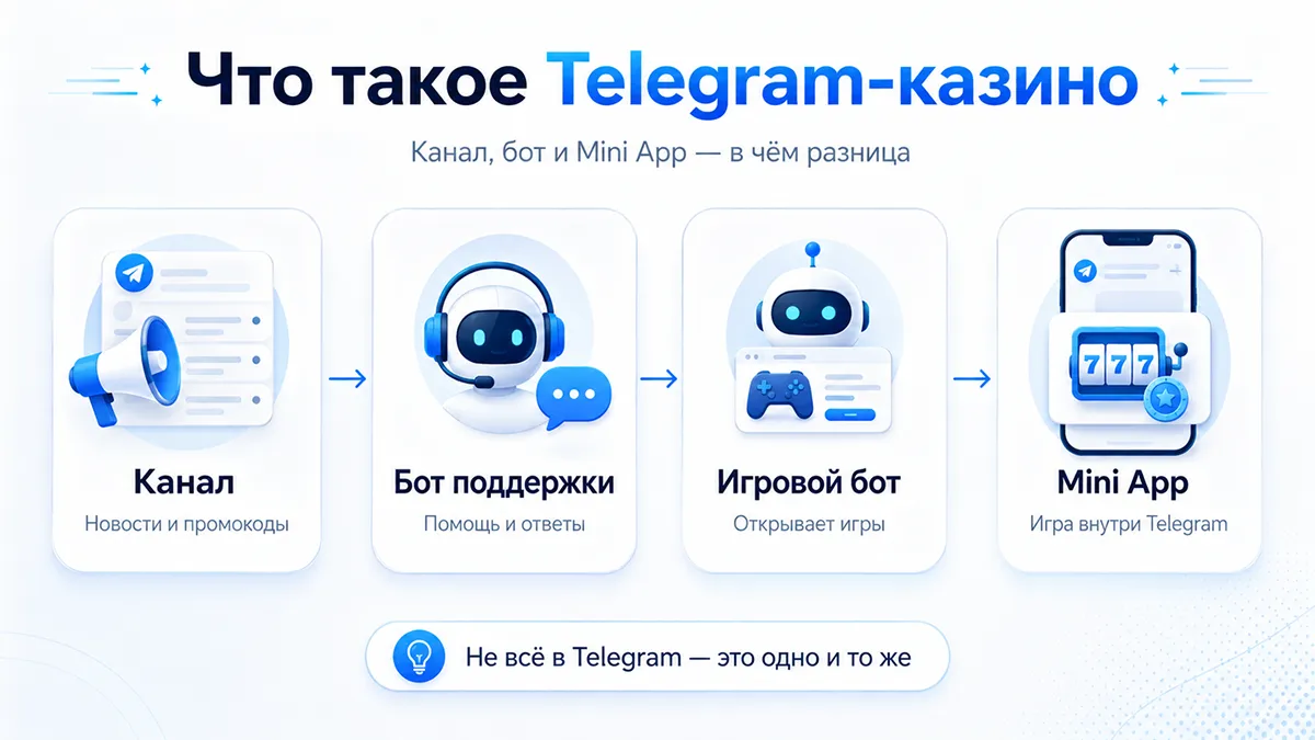 Канал, бот и Mini App в Telegram-казино — разница